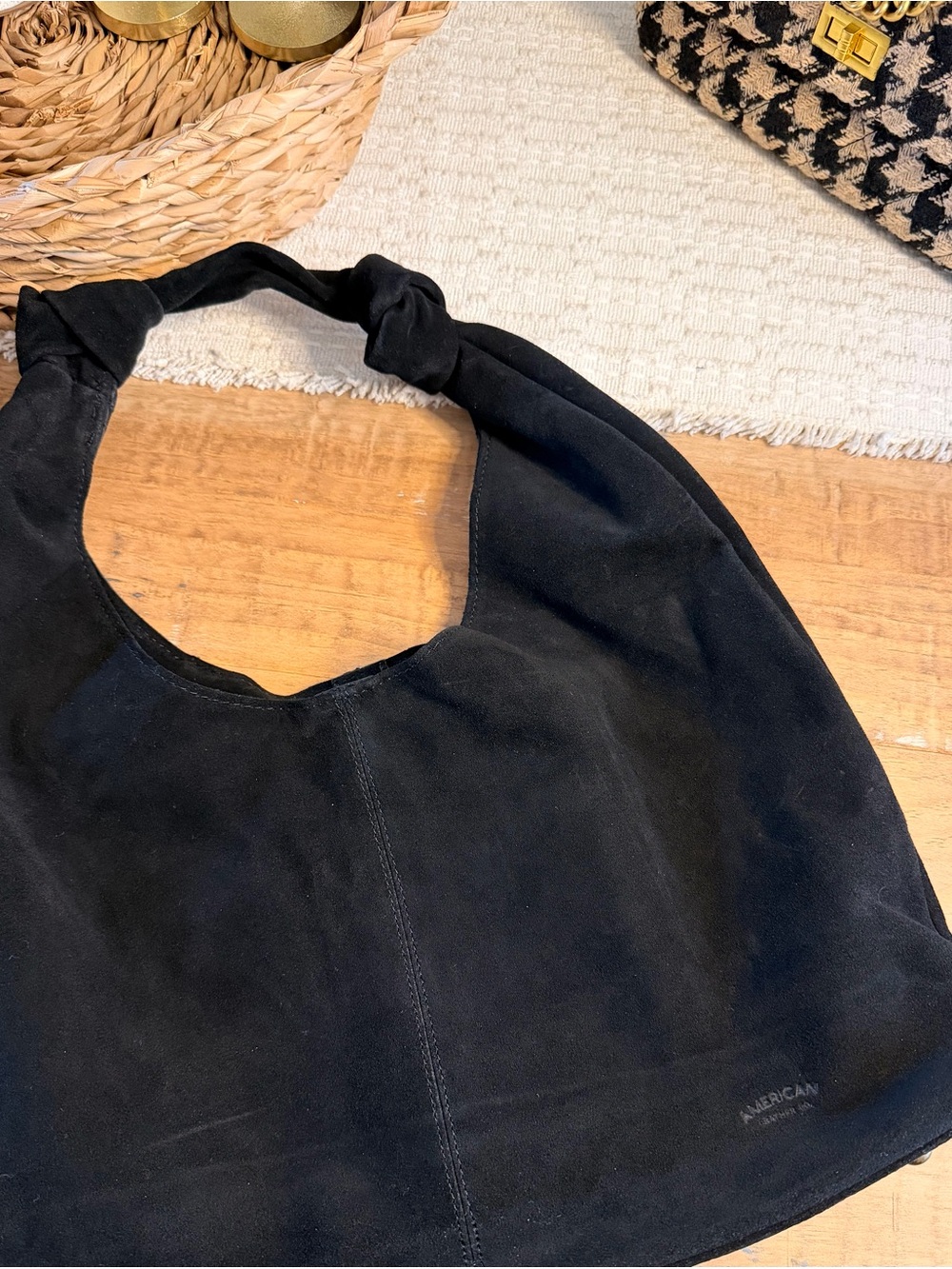 American leather Co Black Suede Knot-Top Hobo Shoulder Bag